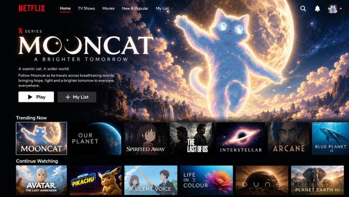 A Netflix interface displays the new series 'MOONCAT - A BRIGHTER TOMORROW' featuring a glowing cat against a large moon. Trending titles shown include 'OUR PLANET', 'SPIRITED AWAY', 'THE LAST OF US', 'INTERSTELLAR', 'ARCANE', and 'BLUE PLANET II'.
