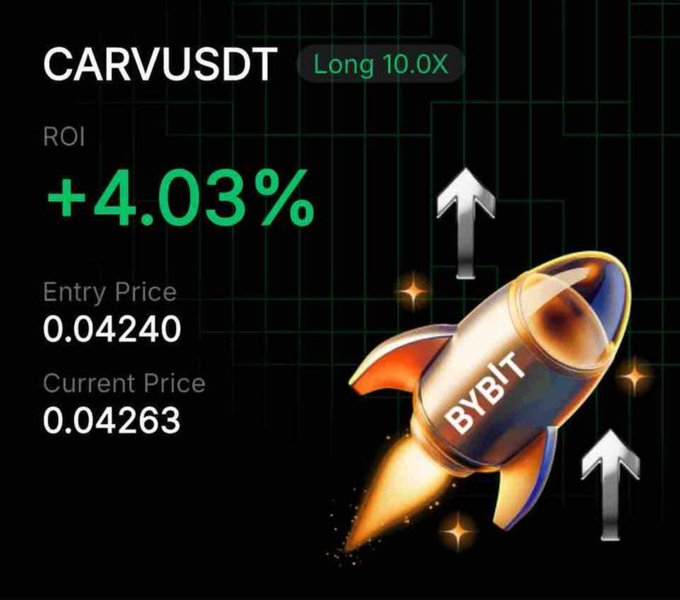 The image shows a graphic that features a rocket with a "BYBIT" logo, set against a black background. Below the rocket, there is text that reads "Carvusudt roi long 10.0ox". The surrounding text also mentions "Crime pump is coming", suggesting a possible promotion or advertisement related to cryptocurrency or the crypto market in general.