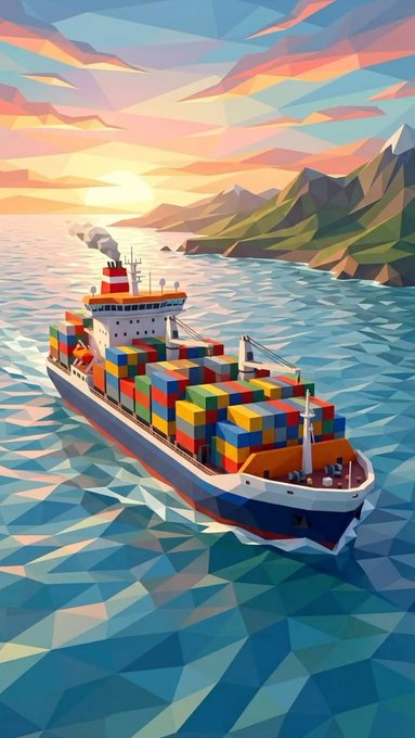 A digital illustration in a low-poly geometric style showing a cargo ship loaded with colorful containers sailing on blue water under a sunset sky.