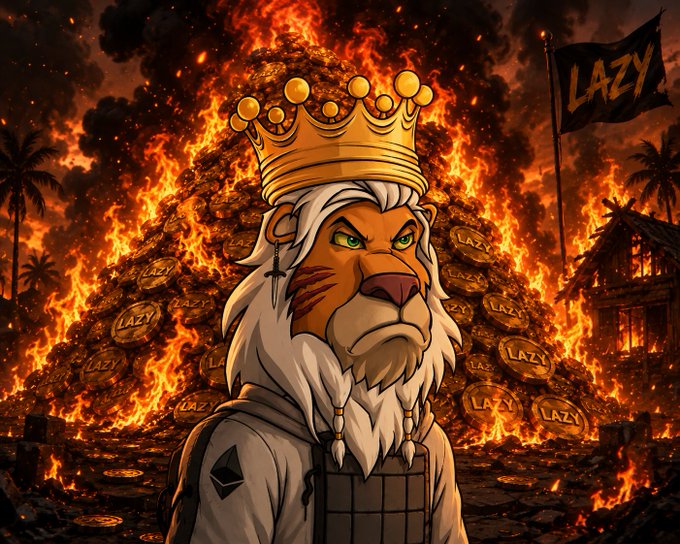 An illustrated lion character with a white mane wearing a golden crown and tactical vest, standing in front of a fiery background filled with 'LAZY' coins and a flag.
