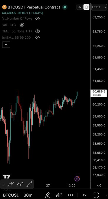 A TradingView chart of the BTCUSDT Perpetual Contract shows Bitcoin trading at $60,689.50, up $616.10 (+1.03%), with price action hovering near key resistance levels as traders await a breakout.