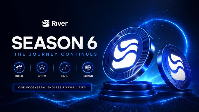 Promotional graphic for 'River SEASON 6 - THE JOURNEY CONTINUES' with the tagline 'ONE ECOSYSTEM. ENDLESS POSSIBILITIES.' featuring blue glowing coins and icons for Build, Grow, Earn, Expand.