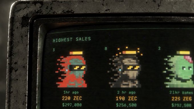 A retro-style computer screen displaying 'HIGHEST SALES' with pixel art characters showing transaction details: 220 ZEC ($297,000) from 1hr ago, 190 ZEC ($256,500) from 2hr ago, and 225 ZEC ($292,500) from 21hr ago.
