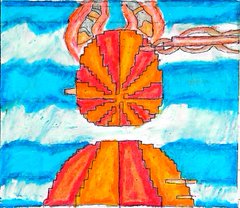 A drawing or digital artwork featuring a broken chain and a large, colorful orange and red lock-like structure against a background of blue sky and clouds.