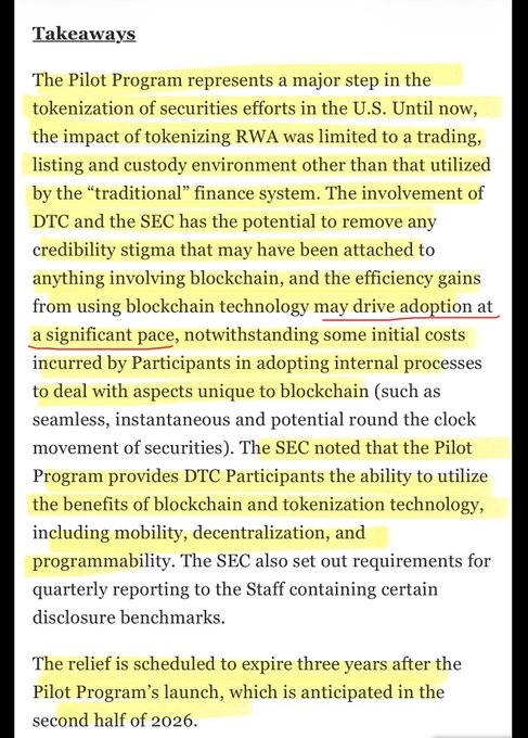 A document excerpt titled "Takeaways" discussing the Pilot Program for tokenization of securities in the U.S., highlighting that DTCC and SEC involvement could remove credibility stigma around blockchain and drive adoption through benefits like mobility, decentralization, and programmability, with the relief scheduled to expire in the second half of 2026.