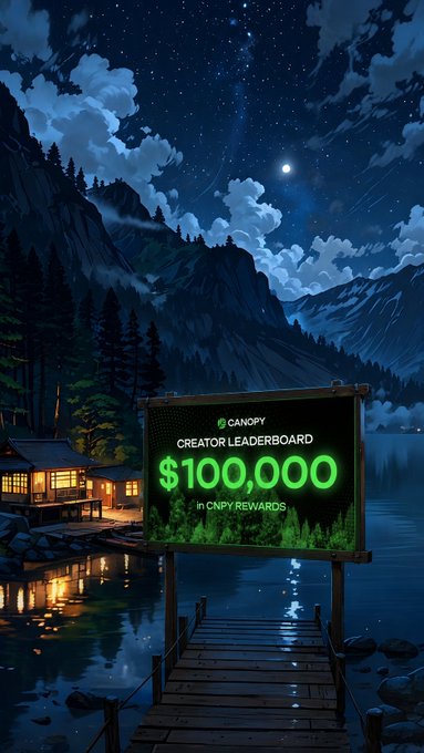 Canopy promotional image showing a nighttime mountain lake scene with a billboard announcing a Creator Leaderboard of $100,000 in CNPY rewards.