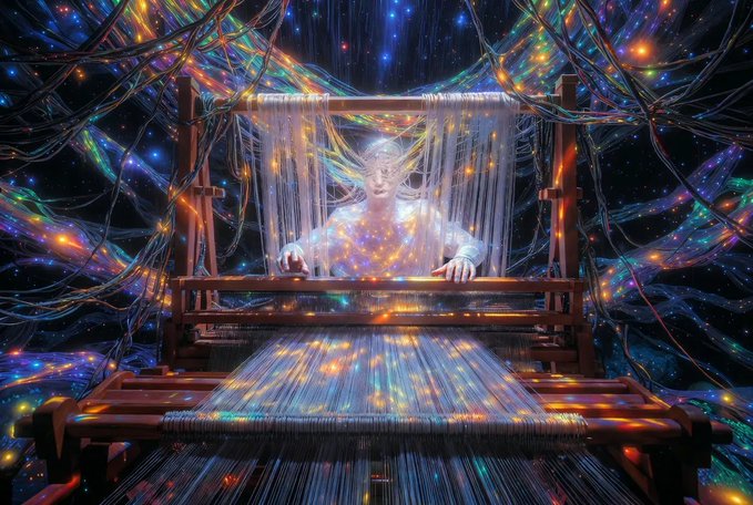 A person operates a large wooden loom weaving glowing, multi-colored threads against a cosmic, starry background filled with radiant light particles.