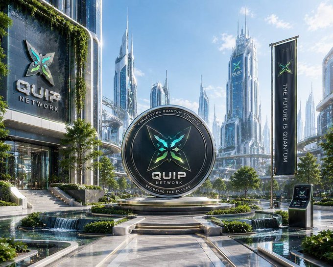 The image features a large, modern building with a futuristic design that includes a giant coin sculpture at its center. The coin sculpture has a green and blue color scheme and is surrounded by various plants and trees. In front of the building, there are two smaller sculptures - one depicting a butterfly and another representing a city skyline.

The image also contains text elements related to Quip Network, which includes the words "quip" and "network". The text suggests that Quip Network is working on developing a new digital infrastructure ecosystem or a post-quantum security layer for computing networks.