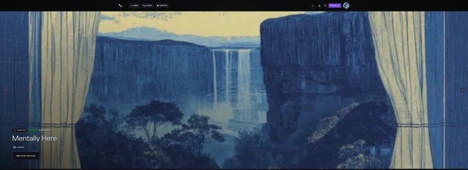 A website screenshot showing a blue-toned illustration of a waterfall viewed through curtains, labeled 'Mentally Here' in the lower left.