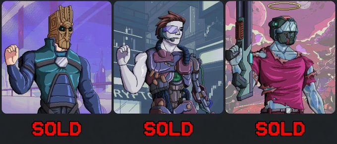A display of three sold-out cyberpunk-themed NFT character artworks, each marked with red 'SOLD' text, showing a masked warrior, a cyborg with a mohawk, and a robot with a halo and gun.