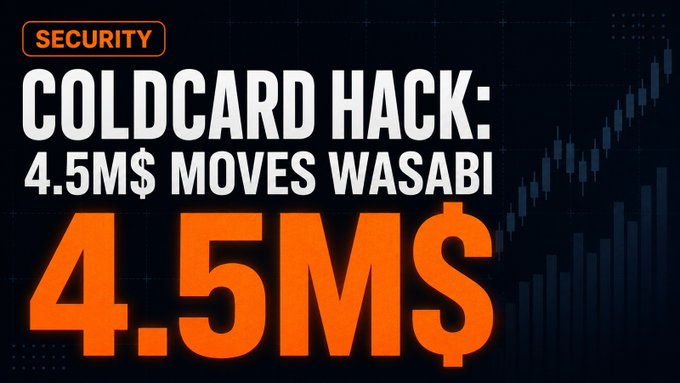 A news graphic with 'SECURITY' tag and headline 'COLDCARD HACK: 4.5M$ MOVES WASABI' in white and orange text against a dark background with a candlestick chart.