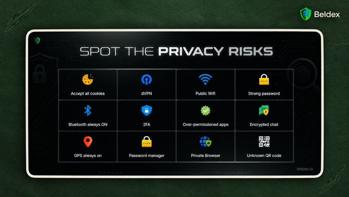 An infographic titled 'SPOT THE PRIVACY RISKS' by Beldex, displaying various icons representing privacy concerns like cookies, VPN, public WiFi, and passwords.