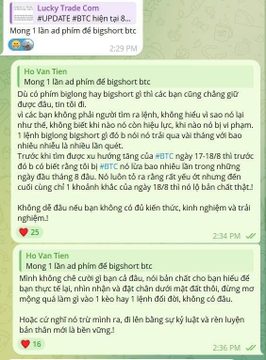 Screenshot of a Vietnamese chat conversation from 'Lucky Trade Com' discussing BTC price predictions and investment advice between users 'Ho Van Tien' and 'Hong 1'.