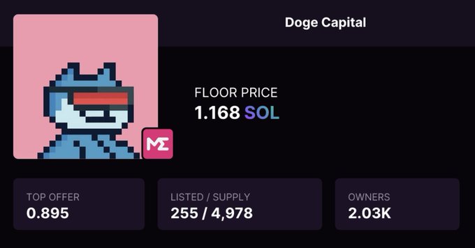 A marketplace listing for the "Doge Capital" NFT collection shows a floor price of 1.168 SOL, with 255 of 4,978 listed, 2.03K owners, and a top offer of 0.895. The image supports the poster's "Day 1" mission announcement by visually demonstrating the current collection metrics they're aiming to grow into the top Solana NFT.