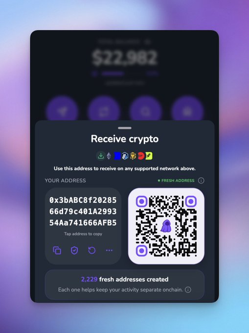 A smartphone screen displays a "Receive crypto" interface showing a wallet address (0x3bABC8f2028566d79c401A299354a741666AFB5) and QR code, with a balance of $22,982 visible behind the modal. The interface highlights "2,229 fresh addresses created," illustrating how Cloaked allows users to manage thousands of separate onchain addresses under a single interface for enhanced privacy.