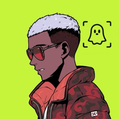 A stylized illustration of a person with short white hair wearing red sunglasses and a red camouflage hoodie, with a Snapchat ghost icon in brackets beside them on a green background.