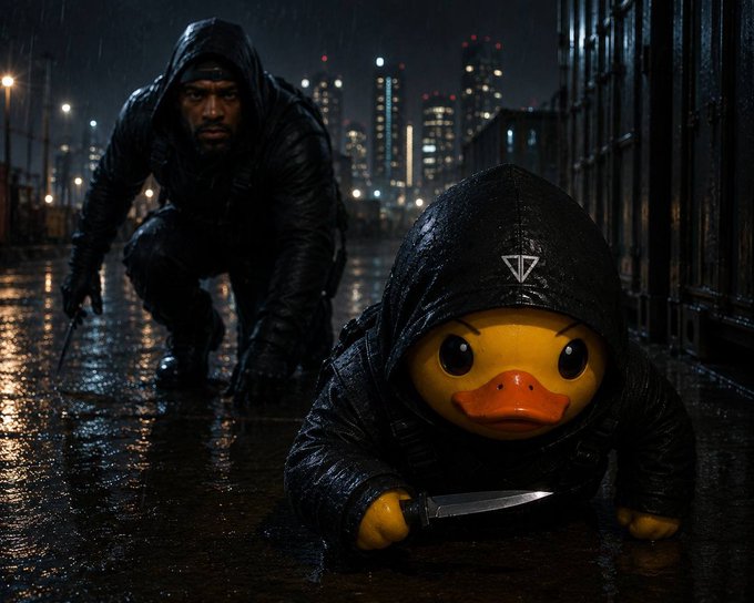 A stylized digital artwork showing a duck character wearing a black hooded raincoat and holding a knife, crouched in a rainy alley, with a hooded figure lurking behind near shipping containers.
