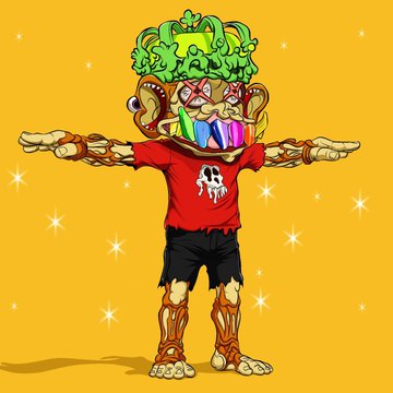 A vibrant NFT illustration features a Bored Ape-style character with green swirled hair, a rainbow-colored face, and exposed muscle tissue, standing with arms outstretched while wearing a red shirt with a small ape logo, black shorts, and a display of colorful gemstones across its mouth. The artwork aligns with the post promoting custom NFT pieces for collectors and projects like @LilApesNFT, @LilMutants, and @BoredApeYC, showcasing the artist's creative work.