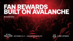 An advertisement for Avalanche cryptocurrency fan rewards, reading 'FAN REWARDS BUILT ON AVALANCHE' with 'NEW YORK, SEPTEMBER 12-17' and 'TOP 5 CRYPTO' visible at the bottom.