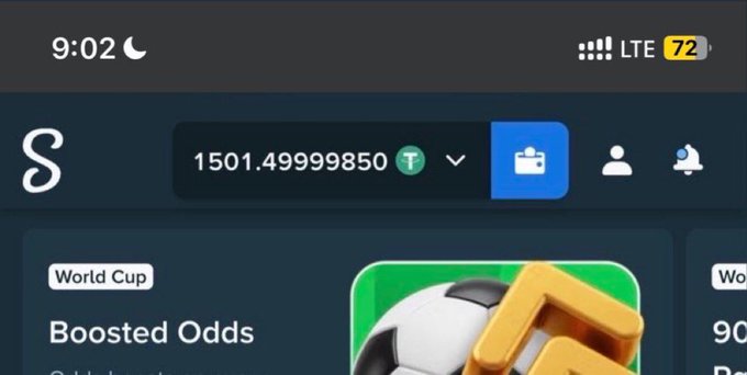 A mobile screenshot of the Stake sports betting platform shows a user account balance of 1501.49999850 USDT at 9:02, alongside a "World Cup Boosted Odds" promotional banner, visually celebrating a $1,500 win tip mentioned in the post.