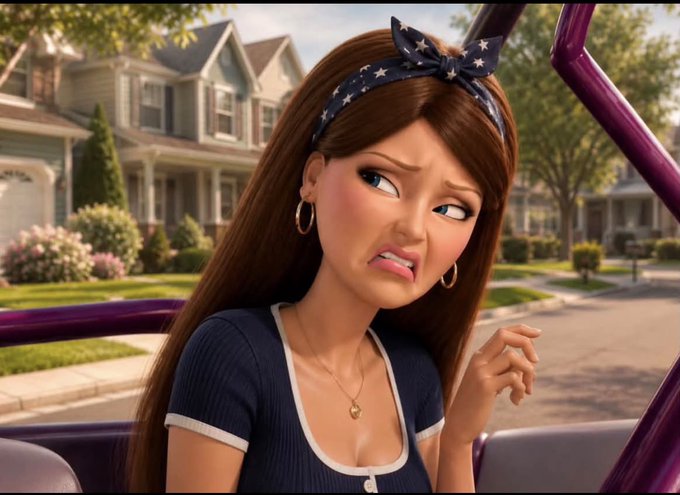 A 3D animated character of a young woman with brown hair wearing a star-patterned headband and dark blue top, displaying a displeased expression in a suburban neighborhood setting.