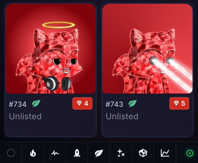 The image shows a display screen with two red cat illustrations, one larger than the other. The larger cat has white lights emanating from its eyes and ears, giving it a glowing appearance. The smaller cat also has red lights shining around its head but is situated in front of the larger cat on the left side of the frame.

The background color of the image is predominantly red. There are two options displayed for a product: Unlisted and All Listened. The posts seem to be related to selling products, as evidenced by the presence of these options.