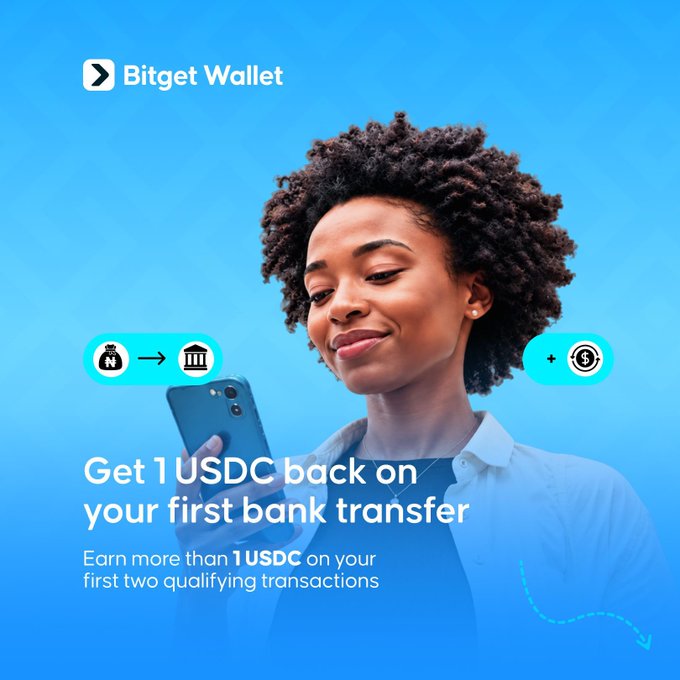 A Bitget Wallet advertisement featuring a smiling woman looking at her smartphone, promoting a promotion to "Get 1 USDC back on your first bank transfer".
