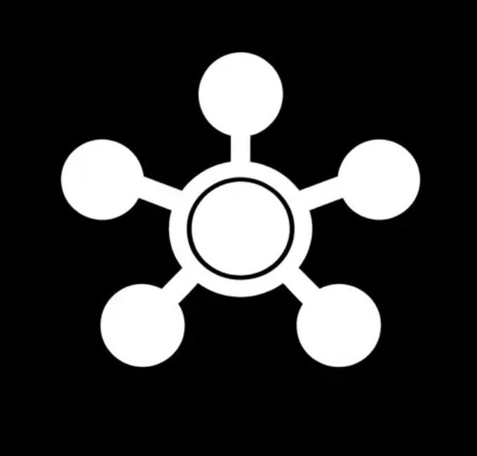 A white icon on a black background depicting a central circle connected by lines to five surrounding circles, resembling a network or hub diagram.