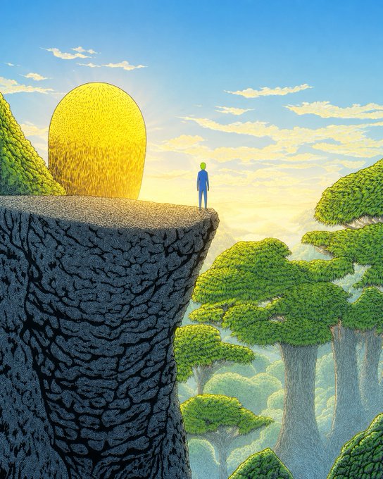 A digital painting showing a small figure in blue standing on the edge of a rocky cliff overlooking a lush green forest valley with a large yellow portal-like sun on the horizon.
