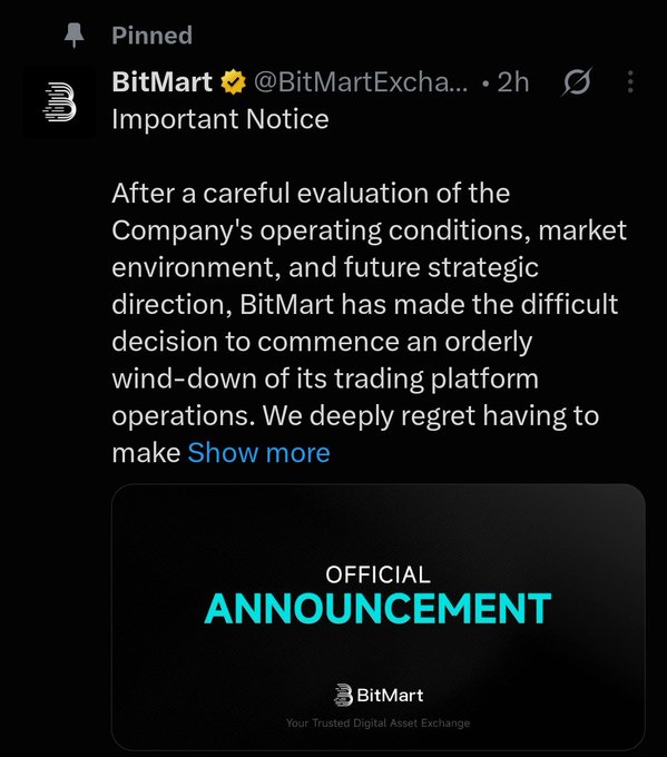 A pinned "Important Notice" from BitMart (@BitMartExcha...) announces the difficult decision to commence an orderly wind-down of its trading platform operations, with an attached "Official Announcement" graphic. The image directly illustrates the post's claim that BitMart is shutting down, highlighting another major crypto exchange closure following yesterday's Dango shutdown.
