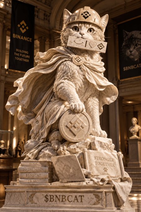 A marble statue of a cat wearing a Binance helmet and cape, holding a BNB coin, with banners reading 'BINANCE BUILDING THE FUTURE TOGETHER' and '$BNBCAT' in the background.
