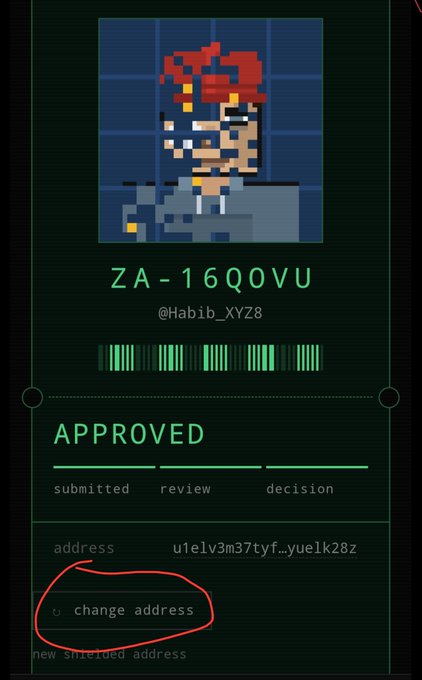 A digital NFT membership card for 'ZA-16Q0VU' by @Habib_XYZ8 shows an 'APPROVED' status with a pixel art character, a barcode, and a red circle highlighting the 'change address' option below the user address.