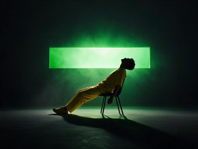 An artistic silhouette photograph of a person wearing a yellow jumpsuit, reclining on a chair in front of a glowing, bright green rectangular light source.