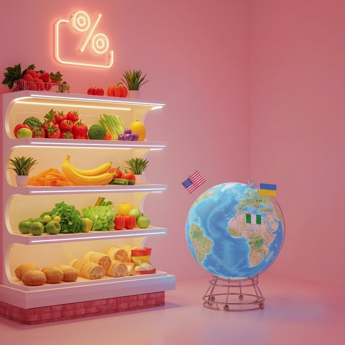A 3D render of a grocery store shelf filled with fresh produce and baked goods next to a globe with the US, Ukrainian, and Nigerian flags, featuring a neon percent sign above.
