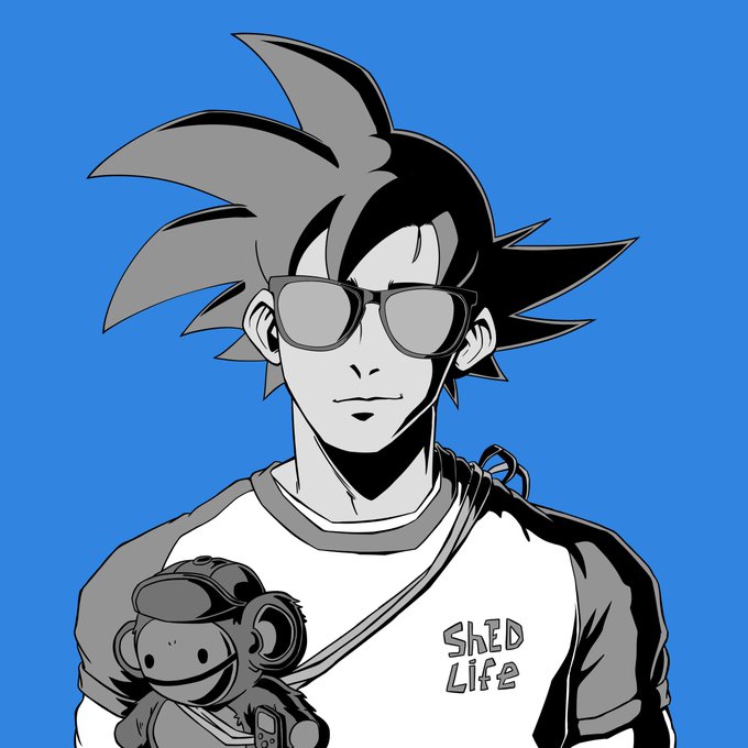 Black-and-white stylized illustration of a young man resembling Goku with spiky hair, sunglasses, and a 'Shed Life' t-shirt, holding a stuffed monkey toy against a bright blue background.