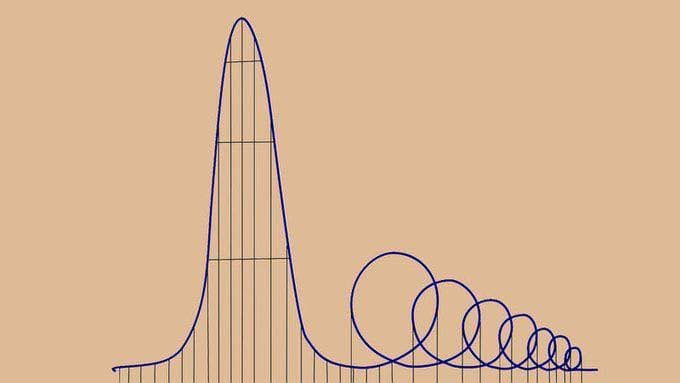 A minimalist line illustration on a tan background showing a tall peak or rocket shape on the left that transitions into a series of shrinking spirals or loops on the right.