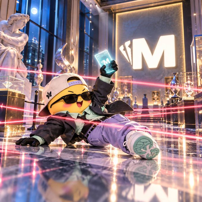 3D rendering of a cute yellow emoji mascot wearing sunglasses, a cap, and streetwear, posing on a reflective floor with a glowing 'M' logo and laser lights, with a smartphone displaying the 'M' logo.