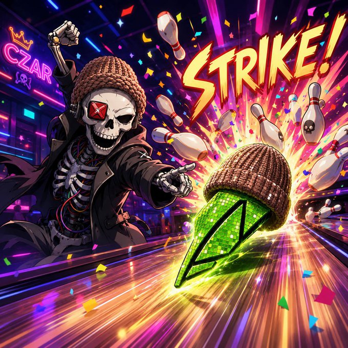 A vibrant digital illustration shows a skeleton in a beanie and leather jacket triumphantly raising a fist after striking a glowing green disco ball-shaped bowling pin, with the word "STRIKE!" displayed in bold yellow text amid a neon-lit bowling alley setting with "CZAR" visible in the background.