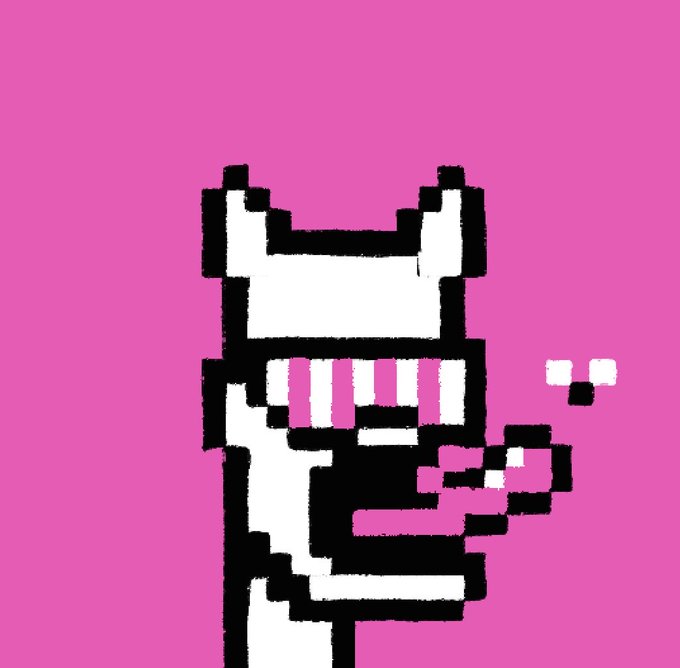 Pixel art illustration of a white cat-like character wearing pink-striped sunglasses against a bright pink background.