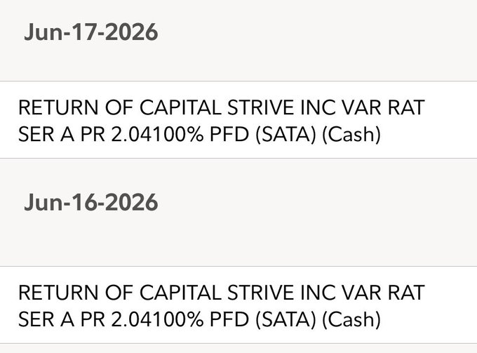 The image shows a table with two columns, one for "June 16-2026" and another for "Return of Capital Strive Inc Var Rat". The first column contains the dates from June 16 to 2026, while the second column displays the corresponding text about the return of capital strive inc.