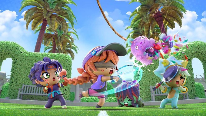 A colorful video game scene featuring three chibi-style characters playing in a sunny garden with palm trees, with one character shooting at a pink fluffy creature.
