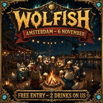 A vintage-style event poster for 'WOL FISH' in Amsterdam on 6 November, featuring anthropomorphic wolves drinking beer around a campfire, with text reading 'FREE ENTRY - 2 DRINKS ON US'.