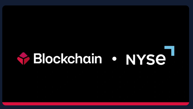 A black banner displaying the 'Blockchain • NYSE' logos in white and red text.