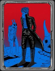 A card featuring a blue, stylized figure in black attire standing against a red background with animal silhouettes.