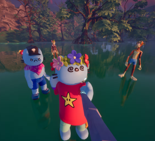Video game characters including Hello Kitty figures in flower crowns and outfits stand together in a swampy nighttime scene near water.