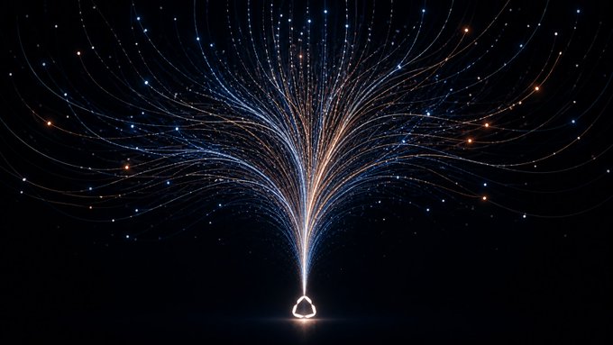 A digital artwork showing a glowing burst of light particles and curved lines erupting upward from a small illuminated object against a black background.