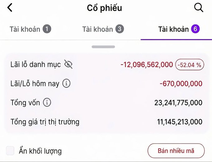 A Vietnamese stock portfolio (Cổ phiếu) screen showing a Tài khoản 6 account with a significant loss of -12,096,562,000 (-52.04%) and today's loss of -670,000,000.