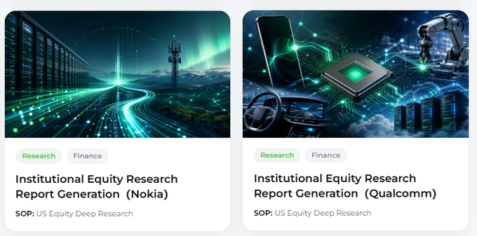 Two research report cards labeled "Institutional Equity Research Report Generation" for Nokia and Qualcomm, both tagged "Research," "Finance," and "SOP: US Equity Deep Research," illustrating xBubble/DAPPOS's AI-driven institutional research capabilities for US stock due diligence.
