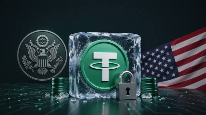 A block of ice encases a green Tether (USDT) coin and a padlock, positioned between a US government seal and the American flag, symbolizing frozen assets.