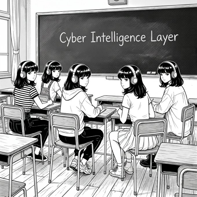 The image shows five girls sitting in chairs around a desk with headphones on their heads. They are all wearing headphones, which suggests that they might be listening to music or participating in an online class together. The scene takes place in front of a blackboard where the words "Cyber Intelligence Layer" can be seen written on it. This indicates that the girls may be learning about cyber intelligence and its applications in their classroom setting.